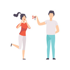 Young man giving the keys to the car to happy young woman, people celebrating holidays concept vector Illustration on a white background