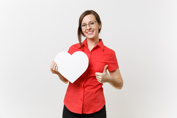 Portrait of beautiful young business teacher woman in red shirt, black skirt and glasses holding heart isolated on white background. Education or teaching in high school university concept. Copy space