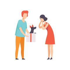 Young man giving gift box with black puppy to surprised young woman, people celebrating holiday concept vector Illustration on a white background