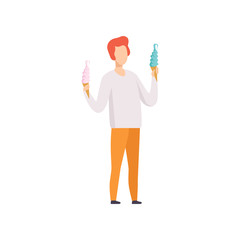 Young man standing and holding two ice cream in wafer cone, guy enjoying eating of frozen summer dessert vector Illustration on a white background
