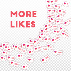 Social media icons. More likes concept. Falling gradient like counter. Noteworthy big radiant left t