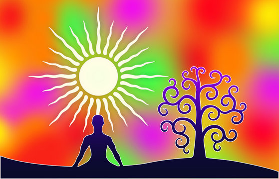 Silhouette of yoga in a lotus asana and tree of life on a colorful yellow, purple, red, green background with white sun. A symbolic picture.