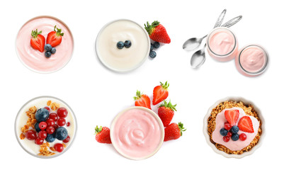 Set with delicious yogurt on white background, top view
