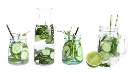 Set with fresh cucumber lemonade on white background