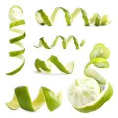 Set with lime peel on white background