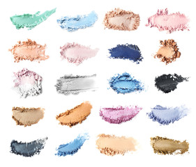 Crushed makeup products on white background. Color set of eye shadows - obrazy, fototapety, plakaty