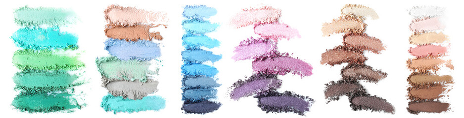 Crushed makeup products on white background. Color set of eye shadows - obrazy, fototapety, plakaty