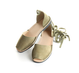 Pair of trendy women's shoes on white background