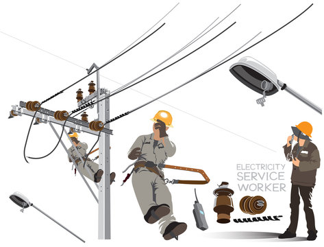 Worker repairing on electricity pole cartoon acting infographic