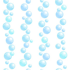 Vertical seamless soap bubble stripes, lines with realistic water beads, blue blobs, vector foam