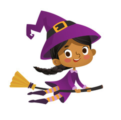 Halloween African-American flying little witch. Girl kid in halloween costume flying over the moon. Retro vintage. Isolated