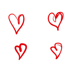 Set of four hand drawn doodle hearts. Red hearts drawn by a free hand. Flat vector template.