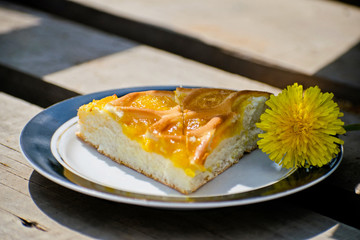 Delicious cake with apricot jam on a plate. Crostata with marmalade or peach jam filling. Homemadepie dessert with dandelion jam.