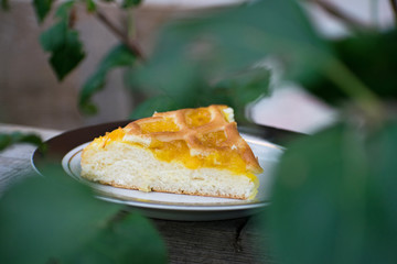 Delicious cake with apricot jam on a plate. Crostata with marmalade or peach jam filling. Homemadepie dessert with dandelion jam.