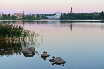 Evening in Toolonlahti bay in central Helsinki, Finland