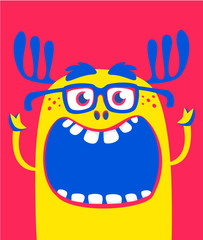 Cartoon funny monster. Vector Halloween yellow cool monster. Big set of monster faces. Package design