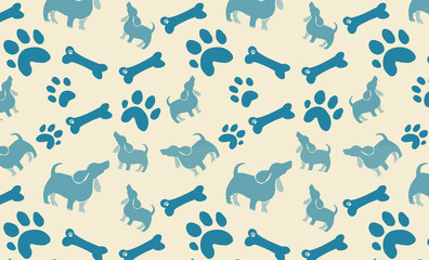 dog bones paw prints and polka dot puppy design in blue on beige background, cute fun animal print wallpaper  © Arlenta Apostrophe