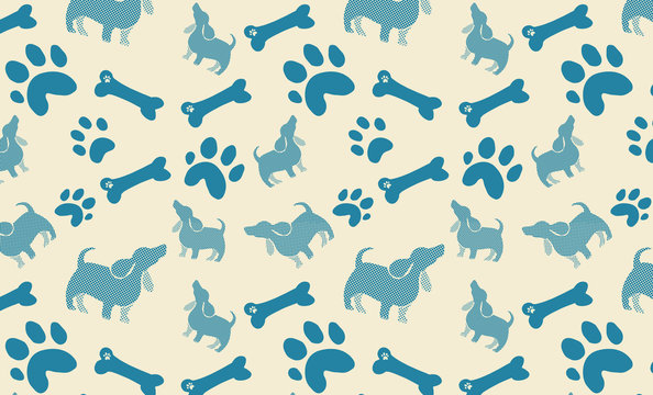 dog bones paw prints and polka dot puppy design in blue on beige background, cute fun animal print wallpaper 