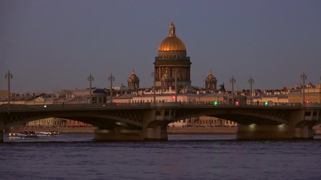 Annunciation bridge and the dome of St. Isaac Cathedral in the may twilight. Evening St. Petersburg