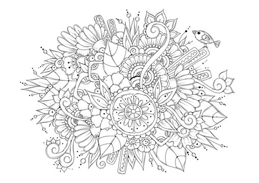 Vector image, coloring book for children and adults. A beautiful bouquet of abstract flowers and a bird. Can be used in design for children and printing on fabric.