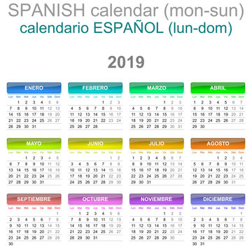 2019 Calendar Spanish Language Version Monday to Sunday