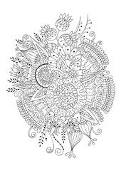 Coloring book for adult and older children. Black and white abstract floral pattern. Vector illustration. Design for meditation. The image can be used in design and printing on fabric