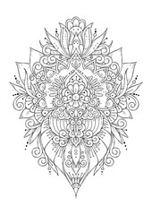 Abstract black and white floral ornament. Can be used for tattooing, drawing henna, design, printing on fabric. Coloring page for children and adults.