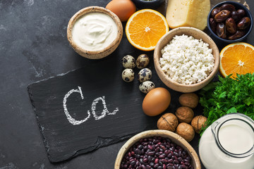 Healthy foods rich in calcium. The concept of healthy eating. View from above.