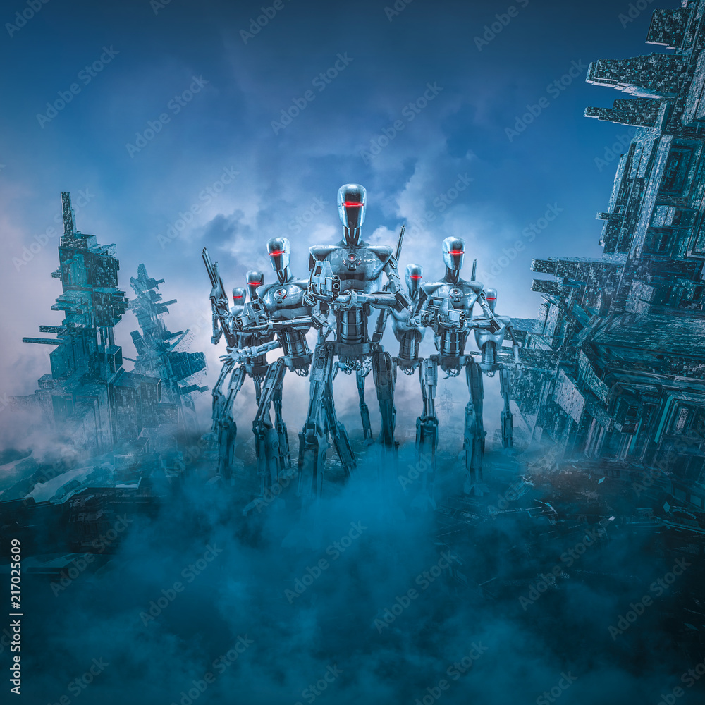 Wall mural Android army patrol / 3D illustration of science fiction scene with three military robots with laser rifles searching ruins of futuristic dystopian city