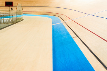 Velodrome cycling track empty curved high wooden floor with markings Trinidad and Tobago, sporting...