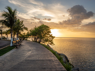 Waterfront park on the Pacific Ocean in Champoton, Mexico during sunset