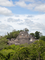 Fototapeta na wymiar Ancient Mayan stone structure rising out of the jungle canopy at Calakmul, Mexico