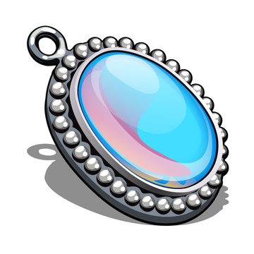Silver oval pendant with inlaid moonstone in the style cabochon isolated on white background. An instance of boutique jewelry. Vector cartoon close-up illustration.
