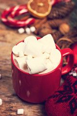 gift, fir branch, nuts, cones, Cocoa, coffee, cozy knitted blanket. Winter, New Year, Christmas still life.