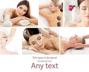 Obraz na płótnie Canvas Collage with young and healthy woman relaxing in spa salon. Girl getting traditional oriental aroma therapy and massaging treatments.