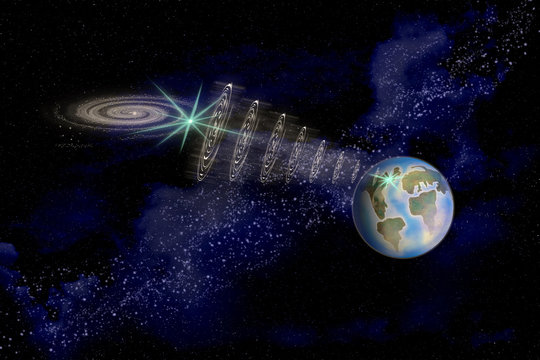 abstract illustration of the search for the alien intellect by mankind, radio waves go from earth to another planet.
