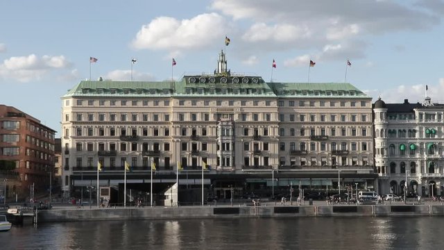 Grand Hotel in Stockholm, Sweden, seen from the water. Summer 2018.