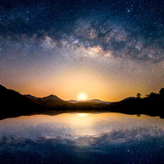 Beautiful landscape mountains and lake in the night with Milky Way Reflection on ripples water,...