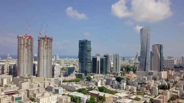 Aerial footage of Tel Aviv's skyline along the city's business district with ayalon freeway and skyscrapers.