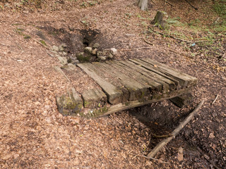 Eine Quelle mit einer kleinen Holzbrücke mitten im Wald im Weserbergland in der Nähe von Porta Westfalica.