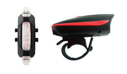 Set of bicycle flashlights. Front head and back tail lights for bike. Cycling equipment and accessories isolated on white background