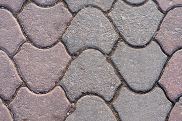 pink and gray cement block on sidewalk, street paving slab, background and texture, fixed tessellated sidewalk tile.