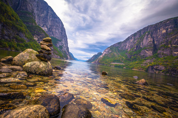 Lysefjord - July 31, 2018: Landscape of the Lysefjord fjord, Norway