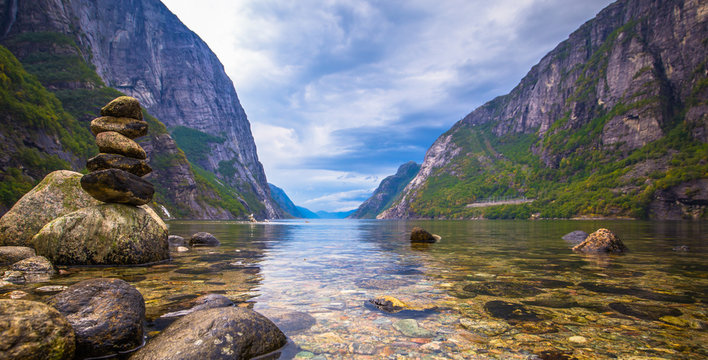 Lysefjord - July 31, 2018: Landscape of the Lysefjord fjord, Norway
