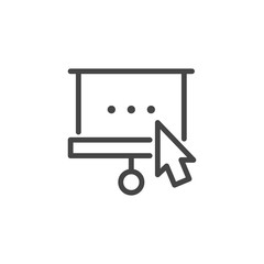 Computer mouse cursor clicking on projector screen. Graphic web pictograph and button of video viewing, entrance to webinar room or virtual conference. Line icon isolated. Vector illustration