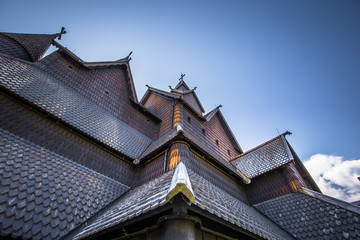 Heddal - August 01, 2018: Medieval Heddal stave church, the largest of the remaining stave churches in Telemark, Norway - obrazy, fototapety, plakaty
