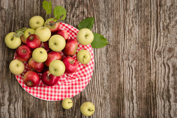 yellow and red ripe apples lie on a wooden background, there is space for text