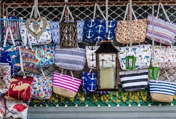 The exhibited colorful bags for the beach 