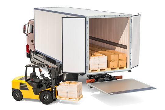 Freight transportation, delivery concept. Truck with parcels and forklift truck with cardboard boxes, 3D rendering