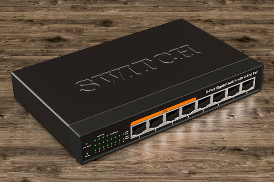 Network switch with 8 ports. 3D rendering